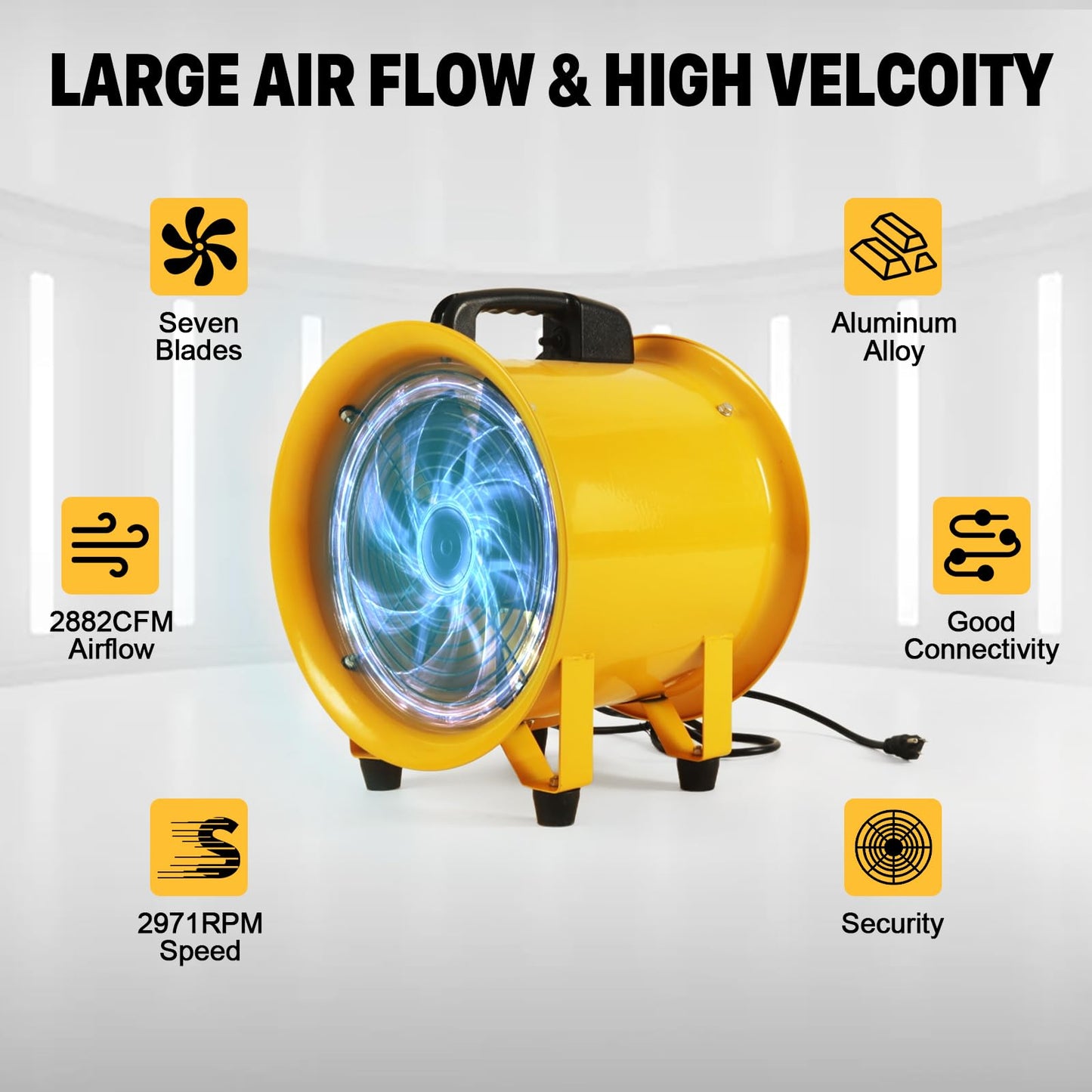 12 Inch Utility Blower Fan with 16 Ft Flexible Duct Hose, 2882 CFM High Velocity Industrial Ventilation Exhaust Fan, Portable Axial Ventilator with Ball Bearing Motor for Workshop, Basement, Job Site.
