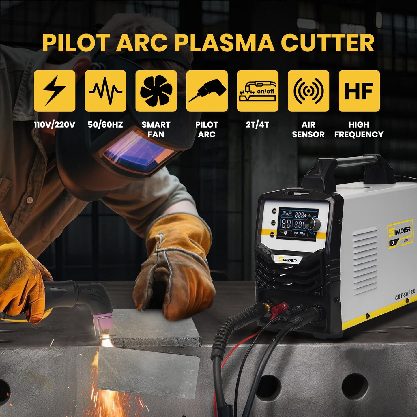 SSIMDER 50A Plasma Cutter Pilot Arc 110V/220V Dual Voltage, 1/2" Clean Cut IGBT Inverter Cutting Machine with LED Display for DIY, Auto Repair, Home & Light Fabrication