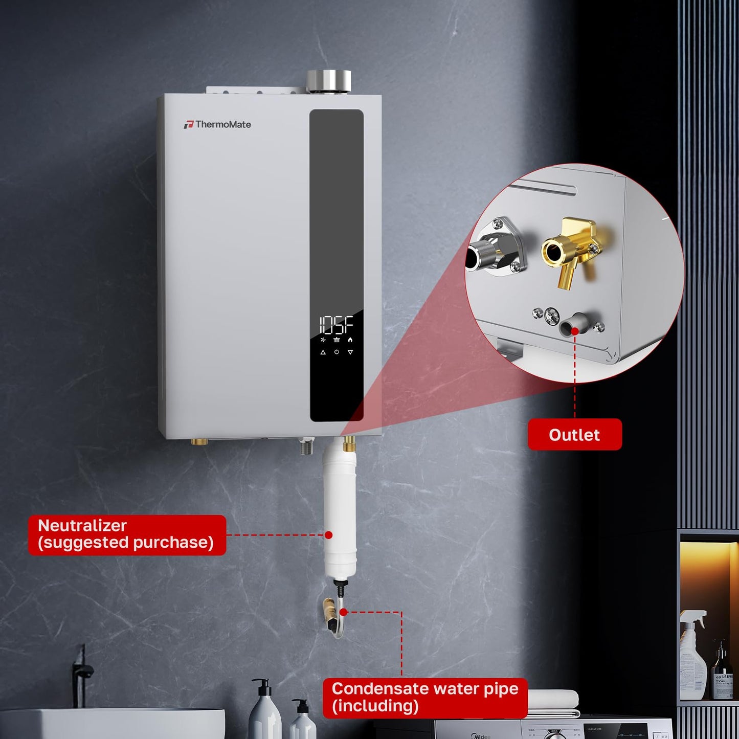 ThermoMate CZ480NG 5.28GPM Condensing Tankless Water Heater, 0.86 UEF High Efficiency Instant On-Demand Hot Water, Residential Indoor Natural Gas Water Heater with Multi-Point Heating
