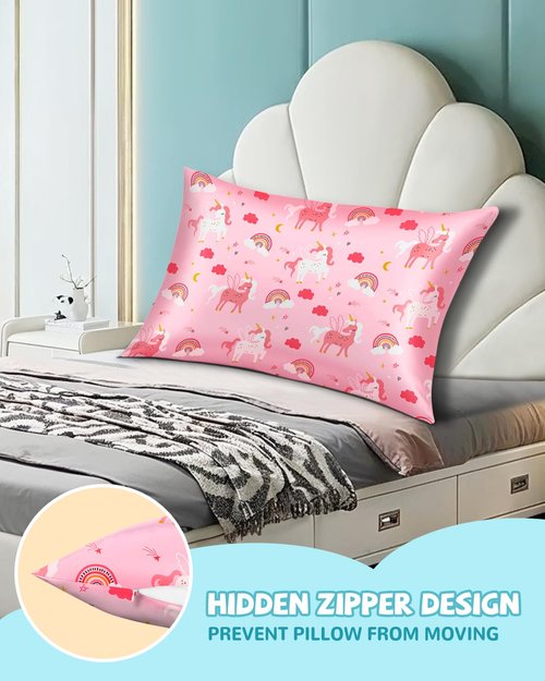 Miss Adola 1 Pack Kids Pillowcase - 30"x20" Queen Size Silk Pillowcase for Hair and Skin Silky Pillow Case Cute Cartoon Kawaii Fun for Girls Teens, Rainbow Unicorn