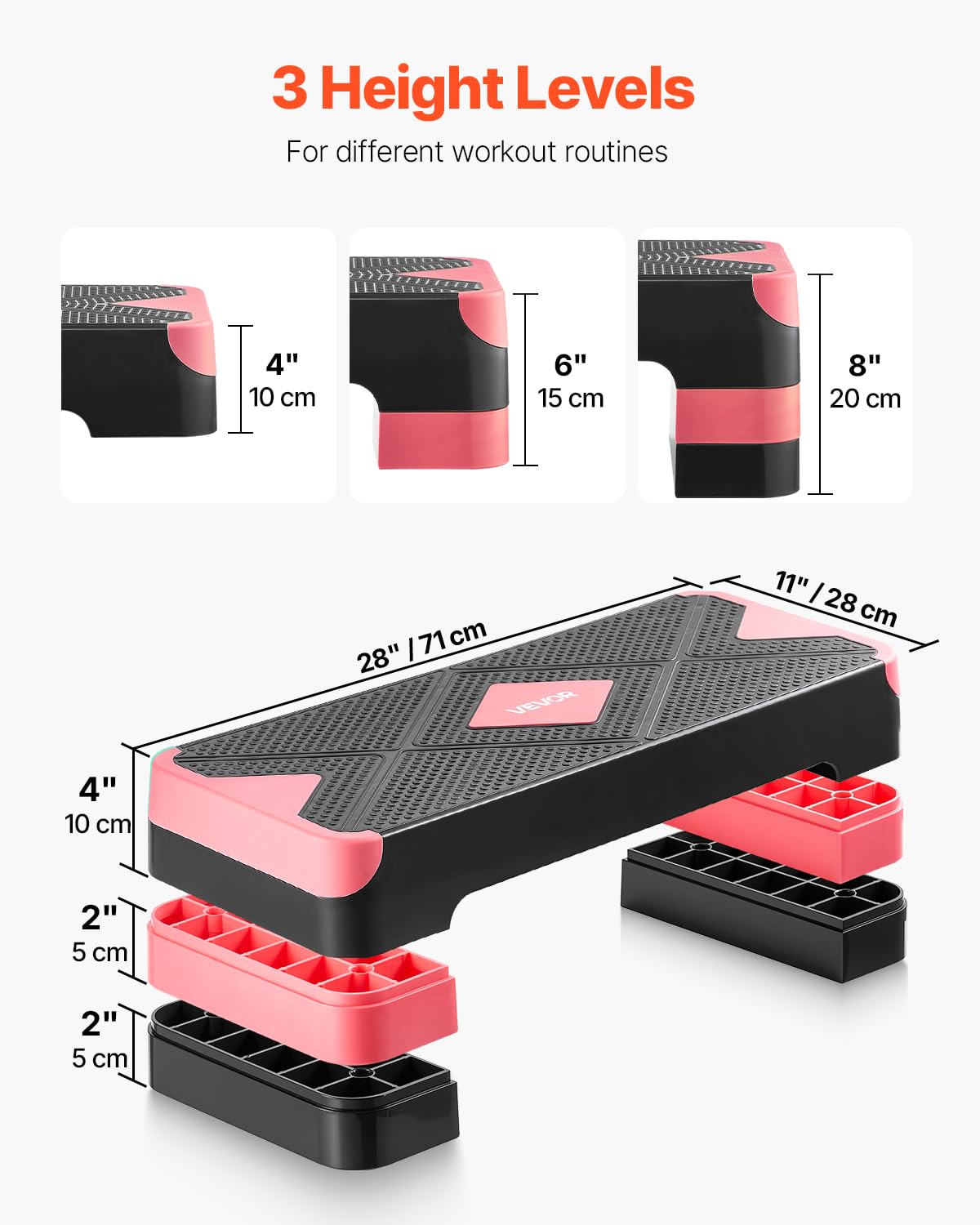 VEVOR Aerobic Exercise Step Platform, 28-Inch Workout Aerobic Stepper, Height Adjustable Fitness Training Step Deck Trainer with 4 Risers, Non-Slip Surface Bench for Home Gym Cardio Strength, Red