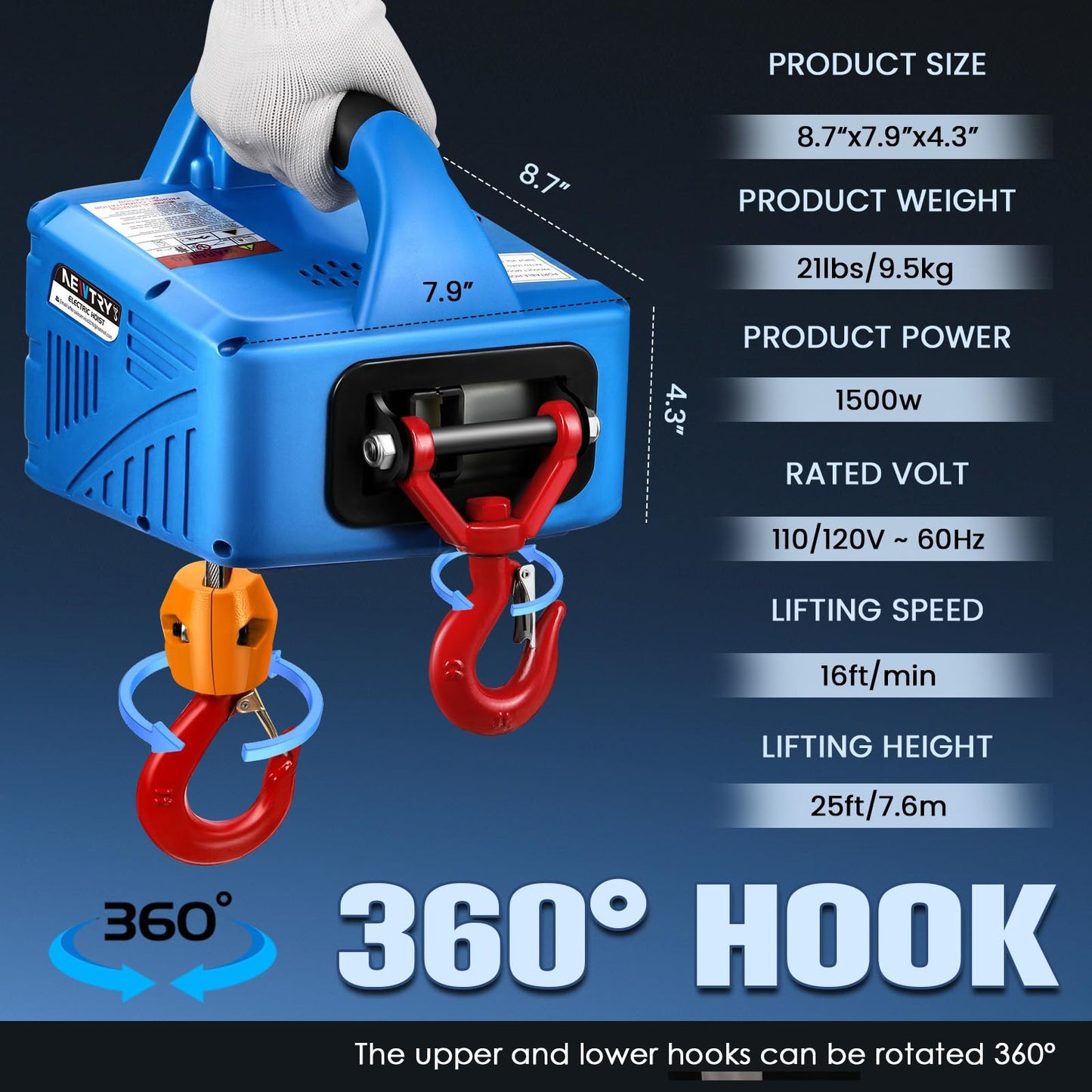 NEWTRY 1,100lb Electric Hoist with Wire Remote Control 16ft/min, 110/120 Volt 25ft Portable Electric Winch w/Straps