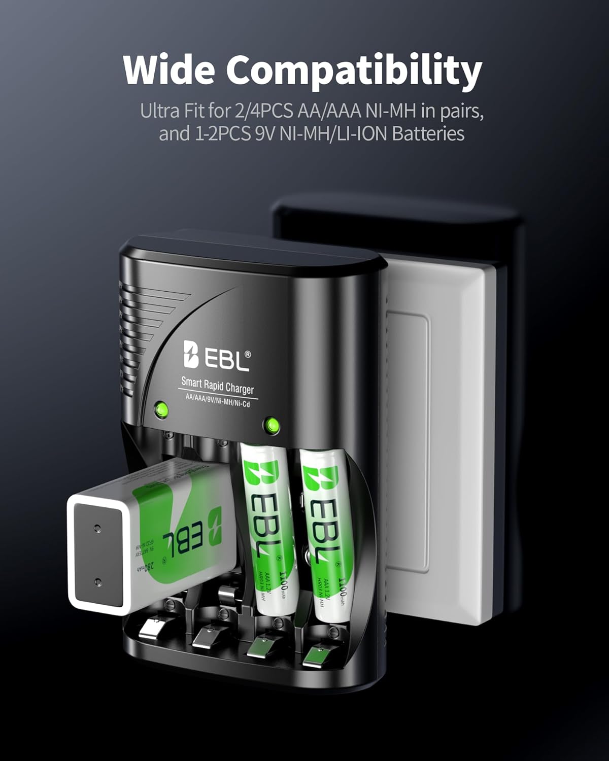 EBL 4 Packs, 9V Rechargeable AAA Batteries Battery Charger with Foldable AC Power Plug for AA AAA Ni-MH Ni-CD