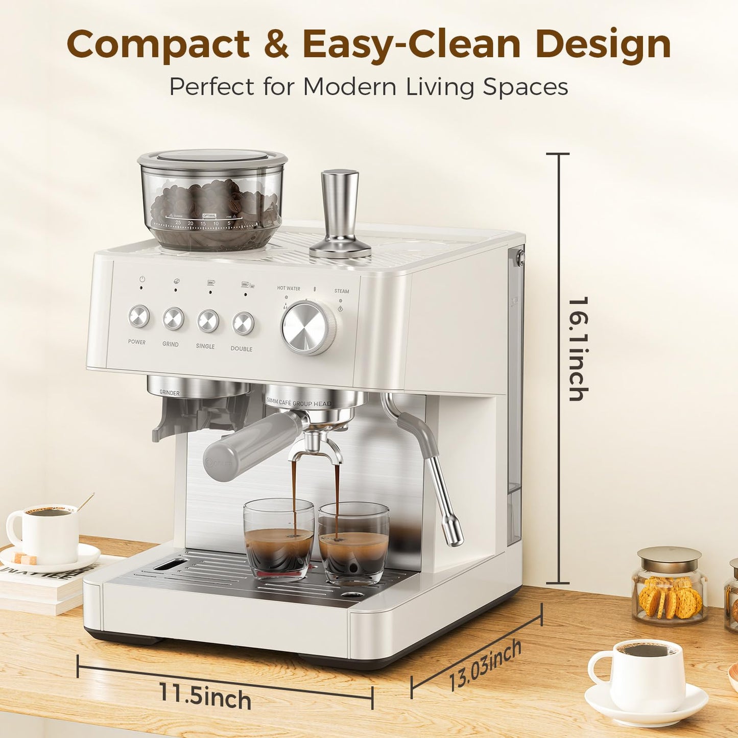 COWSAR 15-Bar Expresso Coffee Machines, Commercial Espresso Machine with Grinder, Milk Frother/Steam Wand & Tamping Tools for Cappuccino & Latte - White