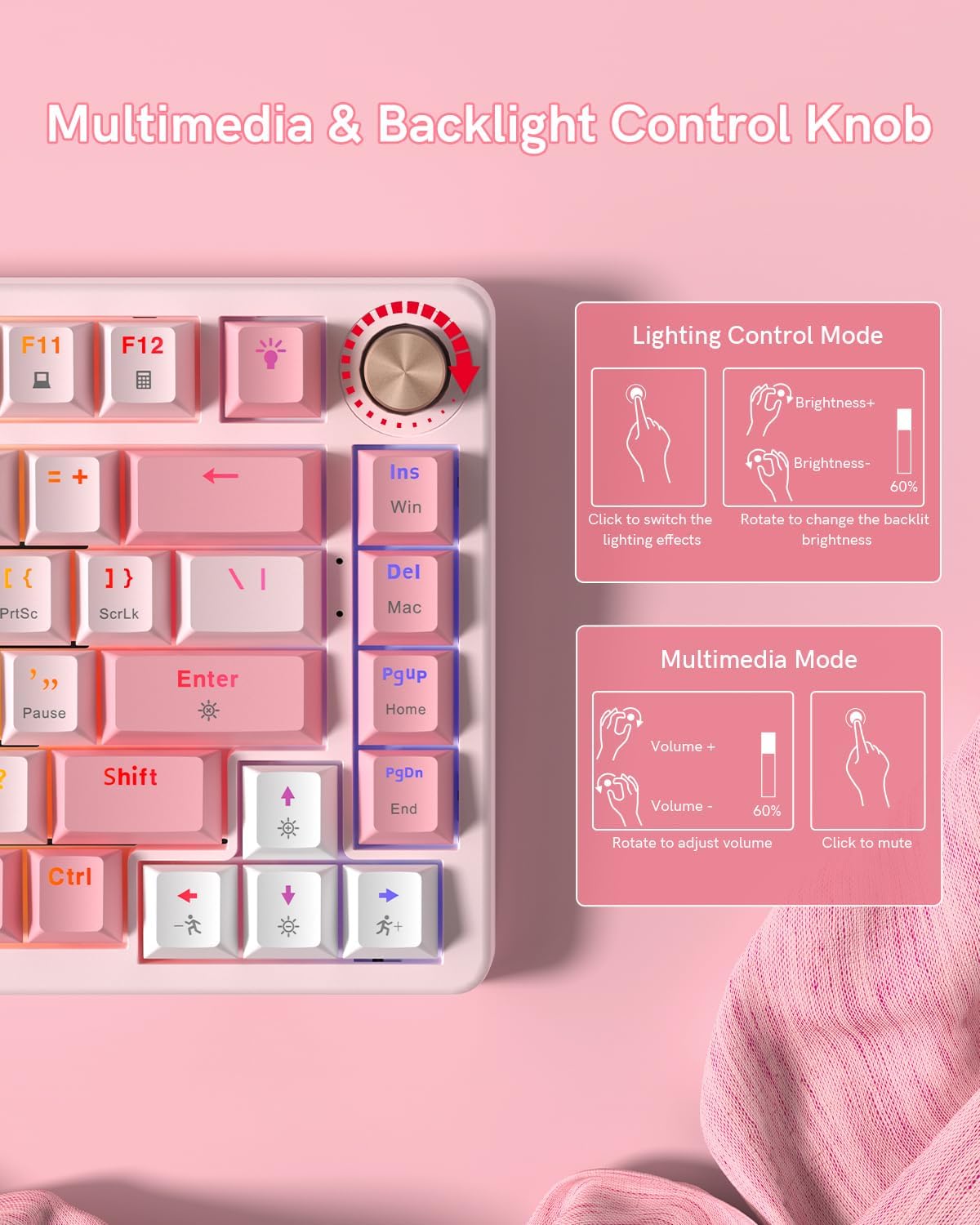 Keyporia VK75 75% Wired Gaming Keyboard with Multimedia Control Knob, Creamy Mechanical Keyboard RGB Backlit Gasket