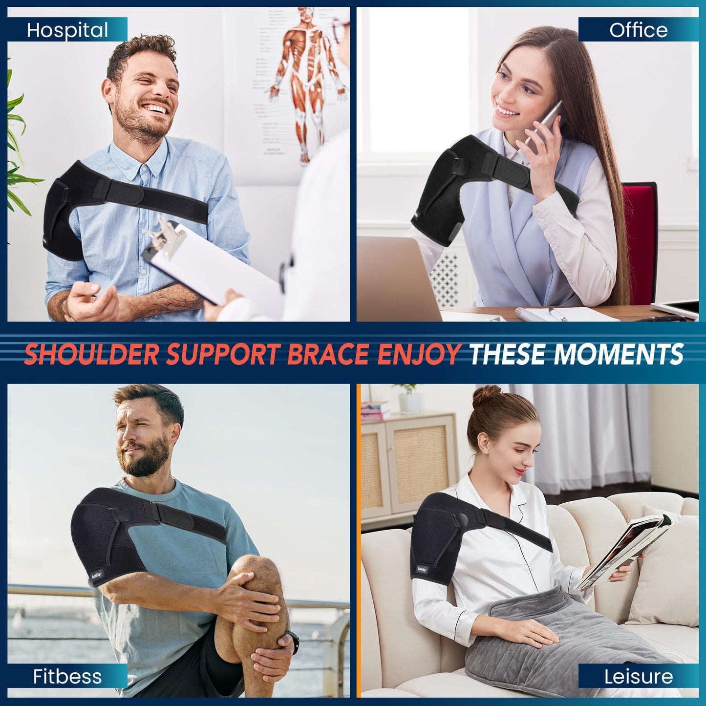 Lebilp Shoulder Brace with Adjustable Compression Sleeve Rotator Cuff Support & Arm Sling, Hot/Cold Pack Compatible, Breathable Stabilizer for Pain Relief, Fits Left/Right Arm, Men & Women (Large)