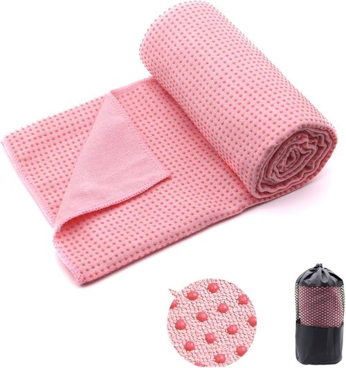 Eunzel Hot Yoga Towel - Non-Slip Grip Dot Design | Sweat-Absorbent for Bikram & Pilates | 72" x 24", Pink