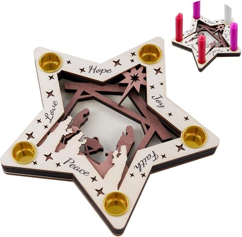 Advent Wreath Candle Holder - Wooden Nativity Scene with 5-Hole Star Design | Perfect Christian Table Centerpiece