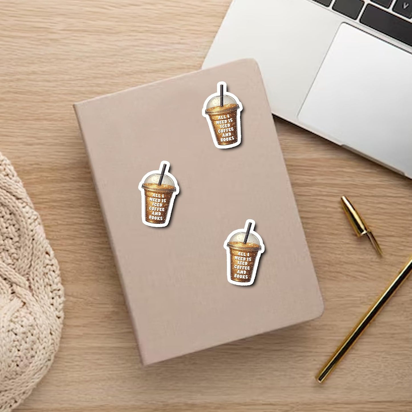 KIMAMZ Pack 4PCS All I Need is Iced Coffee and Books Stickers Reading Inspirational Waterproof Vinyl Decals Decor