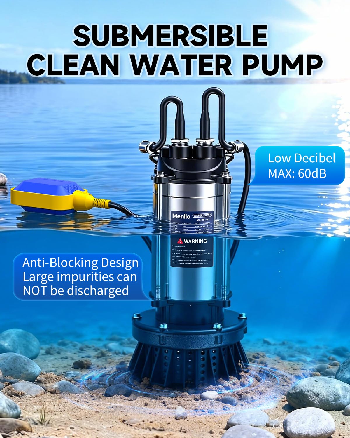 Meniio 1.5HP Submersible Sump & Utility Pump, Stainless Steel Water Pump with Float Switch, High Flow 4370 GPH, 49 ft Max Head, for Basement Drainage, Irrigation, Pool, Garden Pond