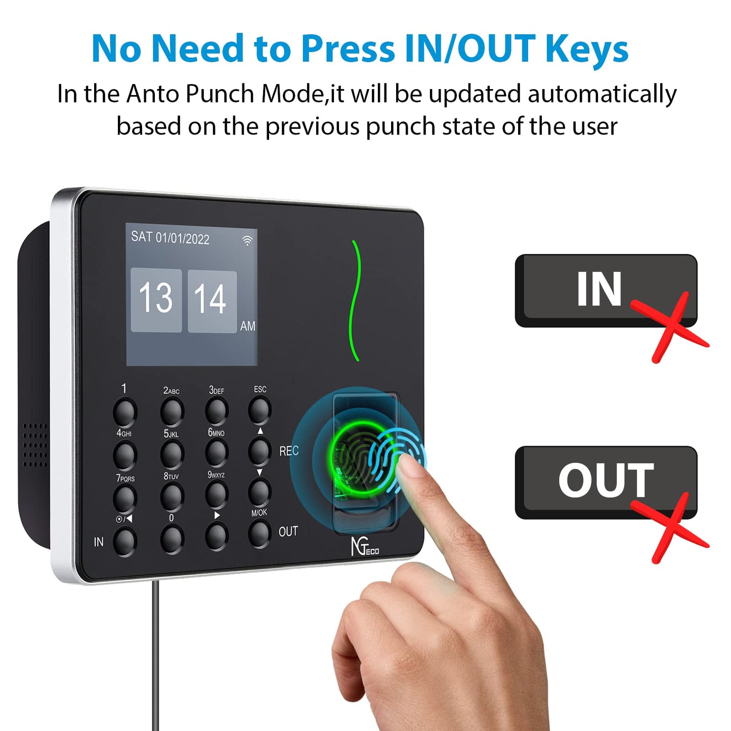 NGTeco APP-Based Time Clock, Fingerprint & PIN Time Clocks for Employees Small Business, 2.4GHz WiFi Biometric Clock in Machine for Employees with APP for iOS Android, No Monthly Fee
