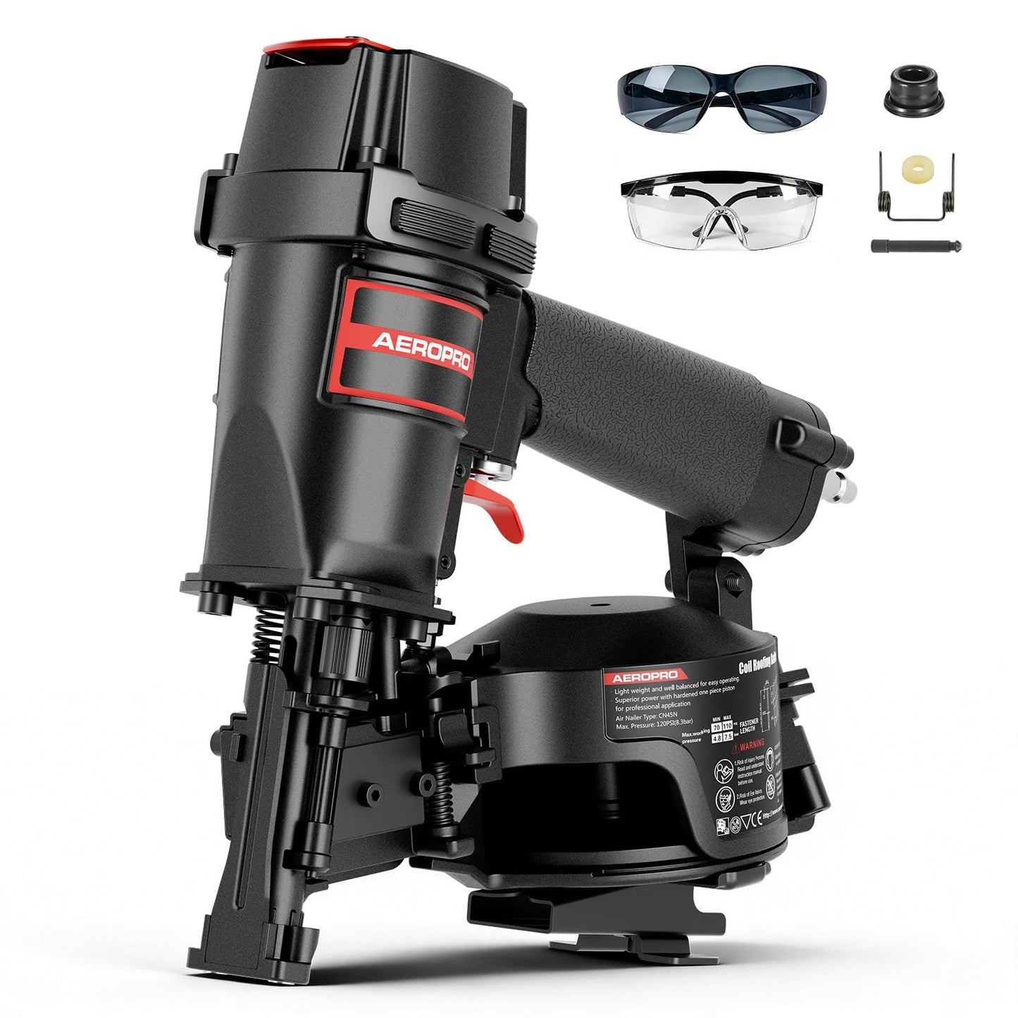 AeroPro CN45N Pneumatic Roofing Nailer – Professional Heavy-Duty Roofing Nail Gun for 15 Degree 3/4″–1-3/4″ Coil Nails on Asphalt Shingles