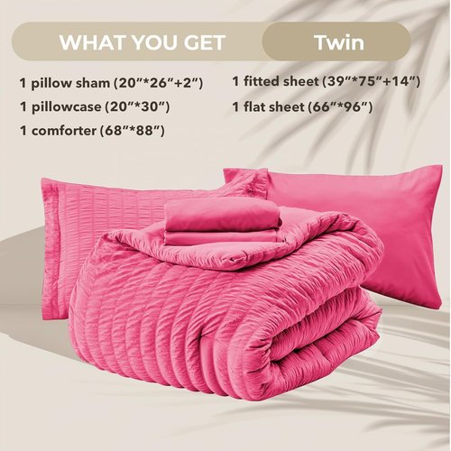 HYMOKEGE Twin Comforter Set - Hot Pink Seersucker 5-Piece Luxury Bedding Set | All-Season Comforter, Sheets & Pillowcase