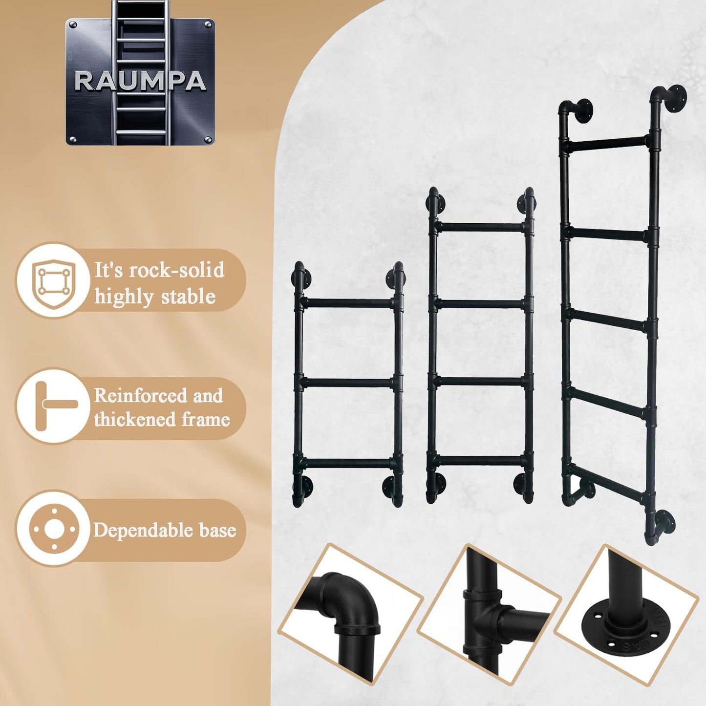 Wall Mounted Ladder 7 ft for Attic Loft Bunk Bed Window Iron Metal Pipe Frame Outdoor Climbing Escape Industrial Heavy-Duty Wrought Wallmounted