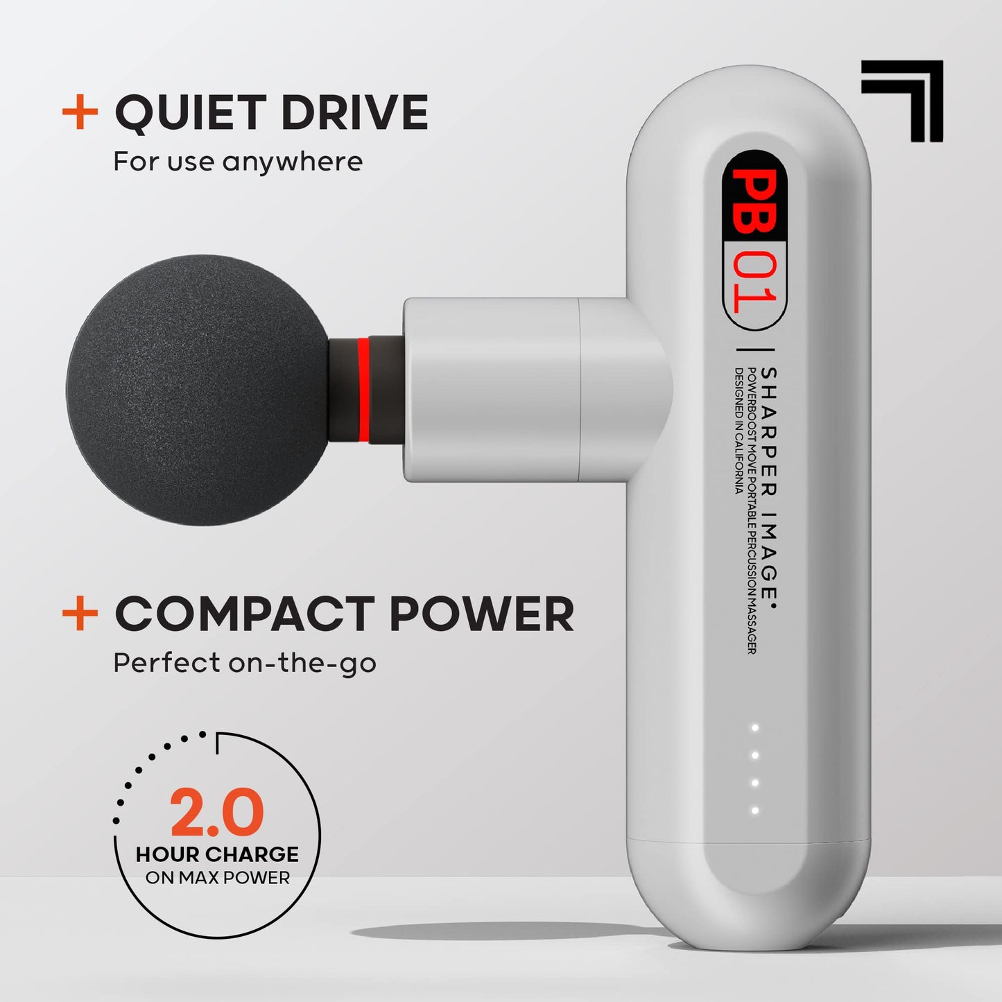 Sharper Image Powerboost Move - Mini Percussion Massage Gun| 4 Attachments, 4 Speeds, FSA Eligible| Full Body Back & Shoulder Massager| Deep Tissue Muscle Recovery| Portable Pain Relief Massage Tool