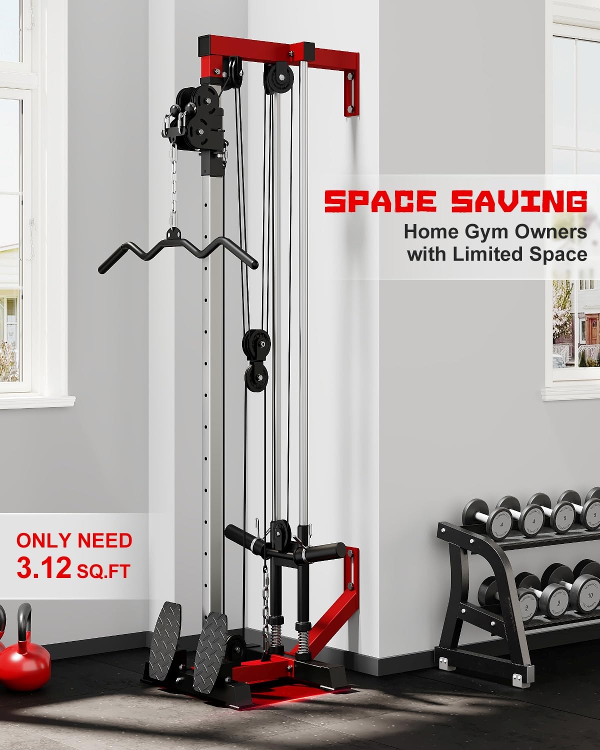 Goimu Wall Mount Cable Station, WM1 Cable Crossover Machine with 17 Positions, High and Low Cable Crossover Machine with Removable Footplate for Garage Home Gym (WM1 Cable Station RD)