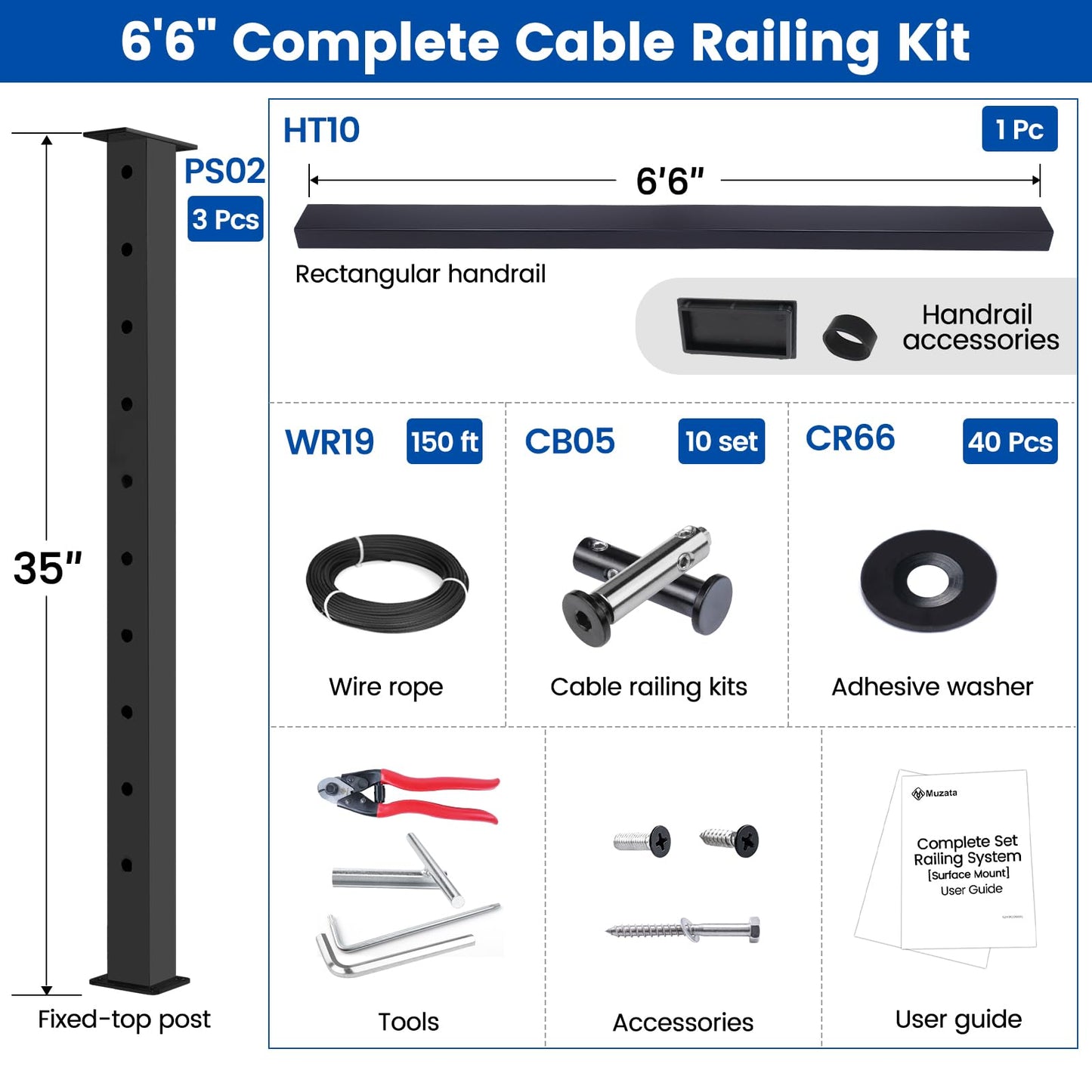 Muzata 3'-6'6" Black Complete Cable Railing Kit 36 Inch Cable Railing System for Decks with Post Handrail Length Adjustable Easy DIY with User Guide Complete Set RCS2 BH4S