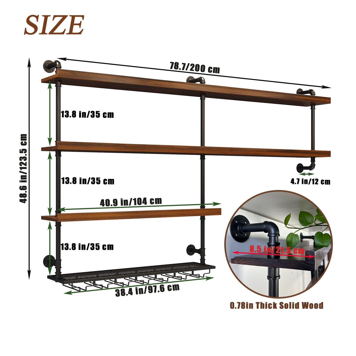 Solid Wood Wall Mounted Wine Rack, Large Wine Rack with LED Light, 4 Tiers Liquor Bottles Floating Shelves with Glass Holder, Industrial Bar Shelves for Home Bar Dining Room(78.7 in/ 200CM)