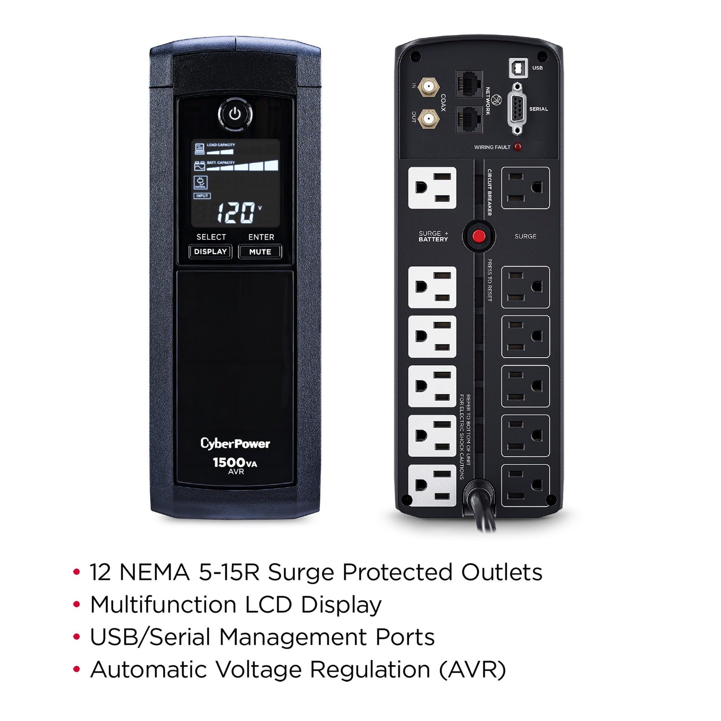 CyberPower CP1500AVRLCDTAA Intelligent LCD UPS Battery Backup and Surge Protector, 1500VA, 900W, 12 Outlets, AVR, Mini Tower, TAA Certified, UL Certified