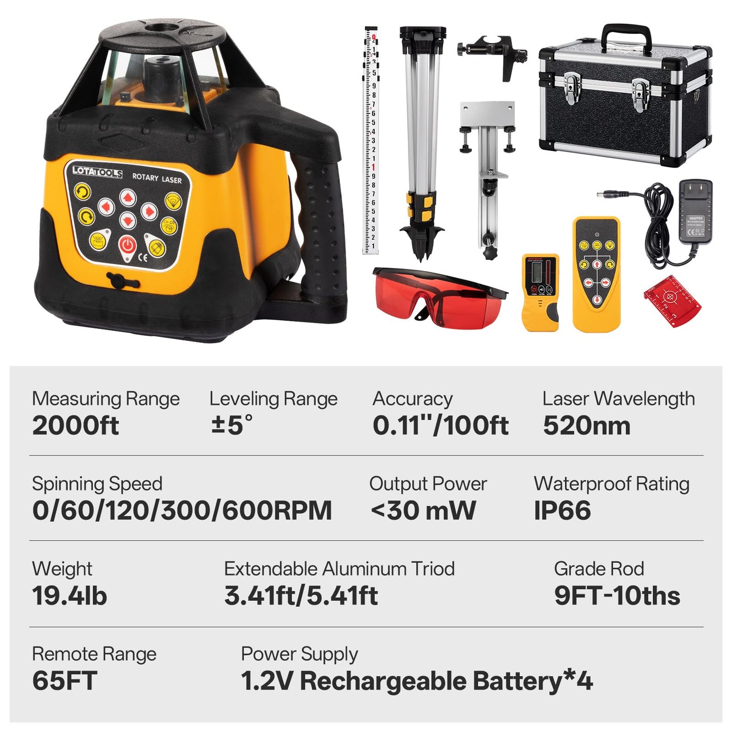 LotaTools Self-Leveling Rotary Laser Level Kit, Class II ≤ 5 mW Red Laser, 2000 ft Range with Receiver, ±1/8" Accuracy at 100 ft, IP66 Waterproof, Includes Tripod & Grade Rod