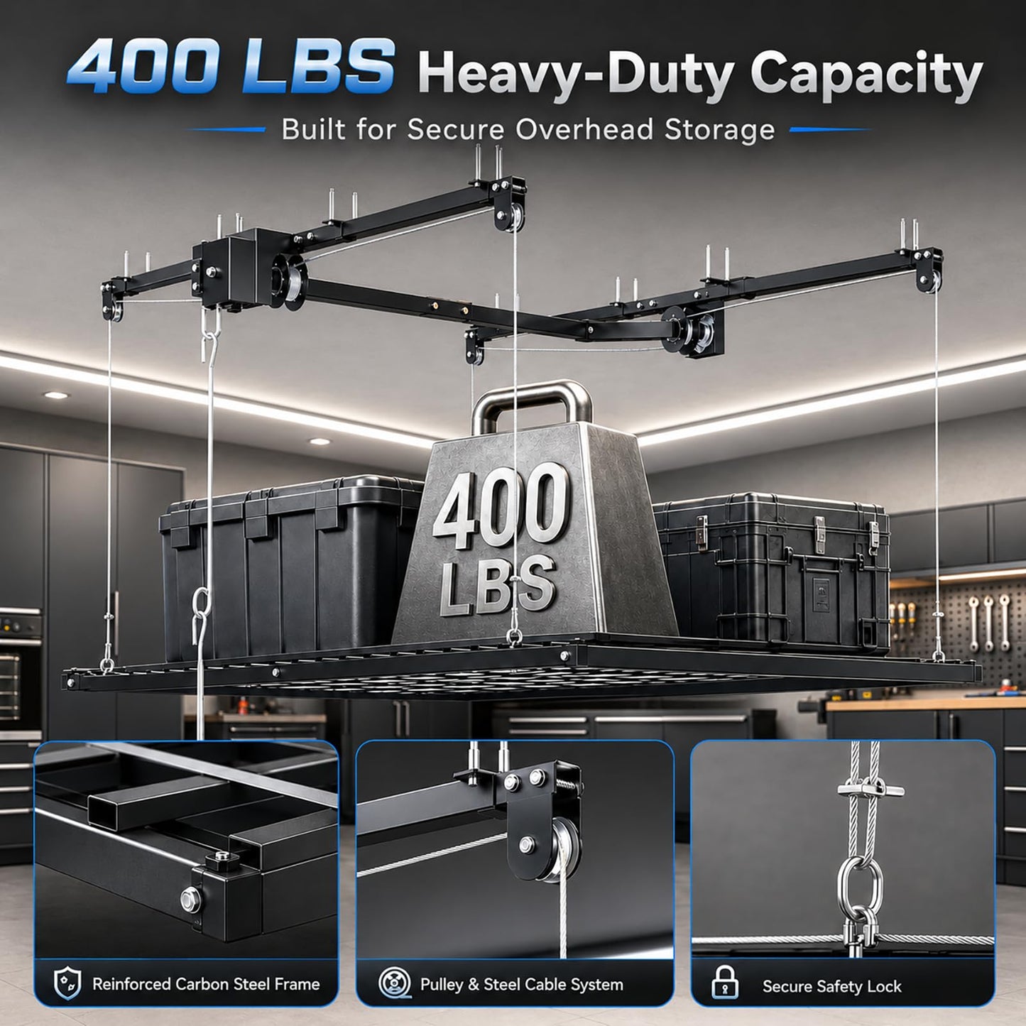 Overhead Garage Storage Rack 5x9 FT, Pull Down Garage Ceiling Storage Lift System with Drill-Operated Crank, Heavy Duty Ceiling Mounted Organizer with Safety Lock, 400 LBS Capacity
