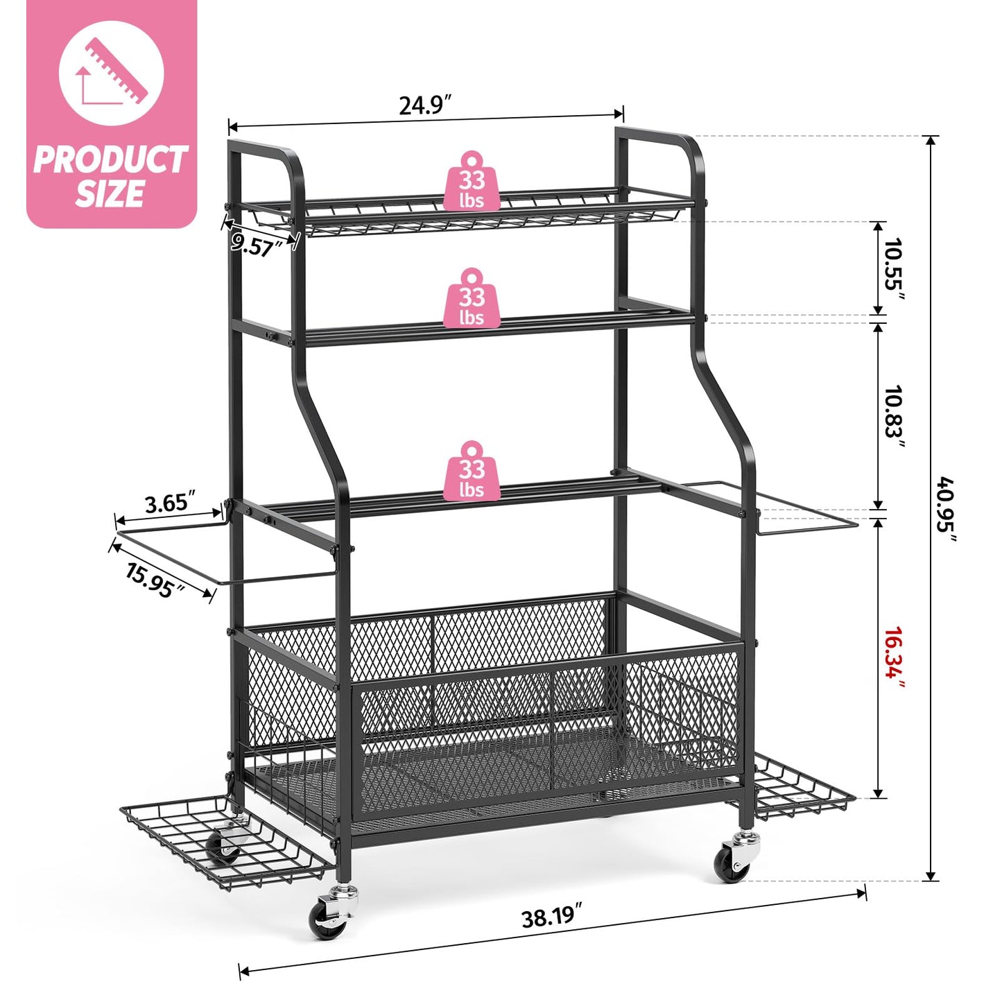 Dumbbell Rack with Wheels, Weight Rack for Dumbbells, Home Gym Storage Organizer for Kettlebells, Yoga Mats, Balls & Workout Equipment, Heavy Duty Steel Gym Storage Rack with Hooks, Black