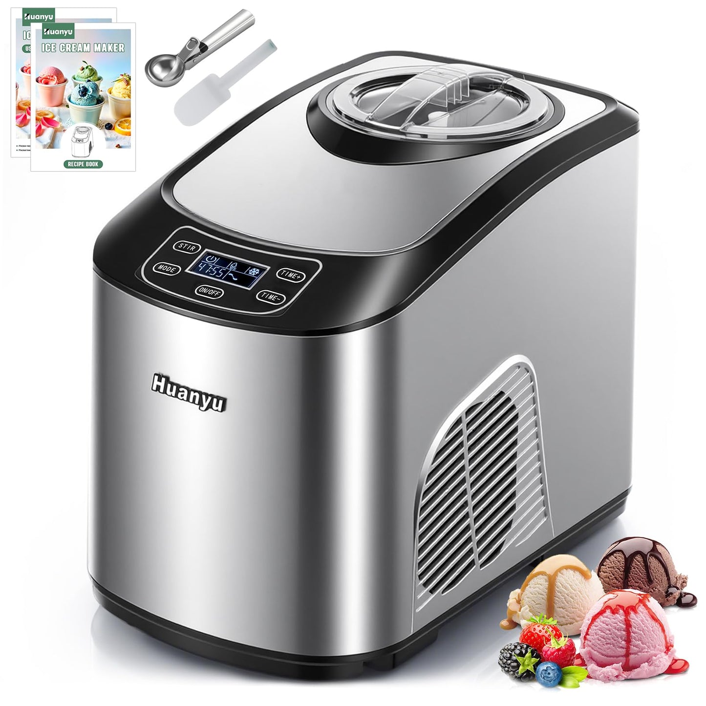 Huanyu Ice Cream Machines 1.5L Automatic Ice Cream Maker with Built-In Compressor | No Pre-Freezing, 3 Modes, LCD Digital Display & Timer