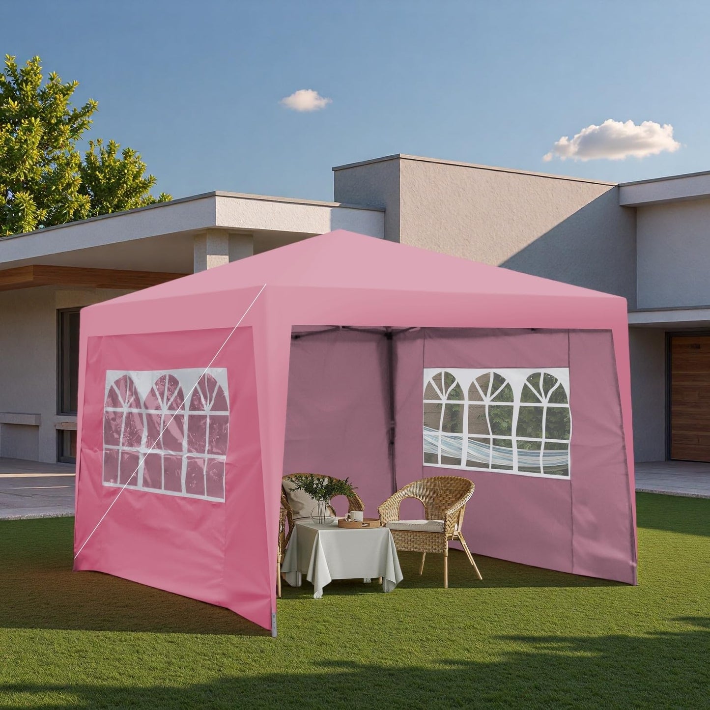 Trygoal 10x10FT Canopy Tent, Outdoor Gazebo Pop up Canopy with 4 Removable Sidewalls & 2 Windows, Patio Camping Shade Canopy with 4 PCS Weight Sand Bag & Carry Bag, Ideal for Parties Events, Pink