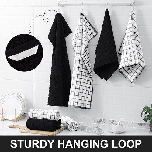 Homaxy Premium Cotton Kitchen Towels - Super Absorbent 390 GSM Dish Towels | 16"x28", Black Check Design, 6 Pack