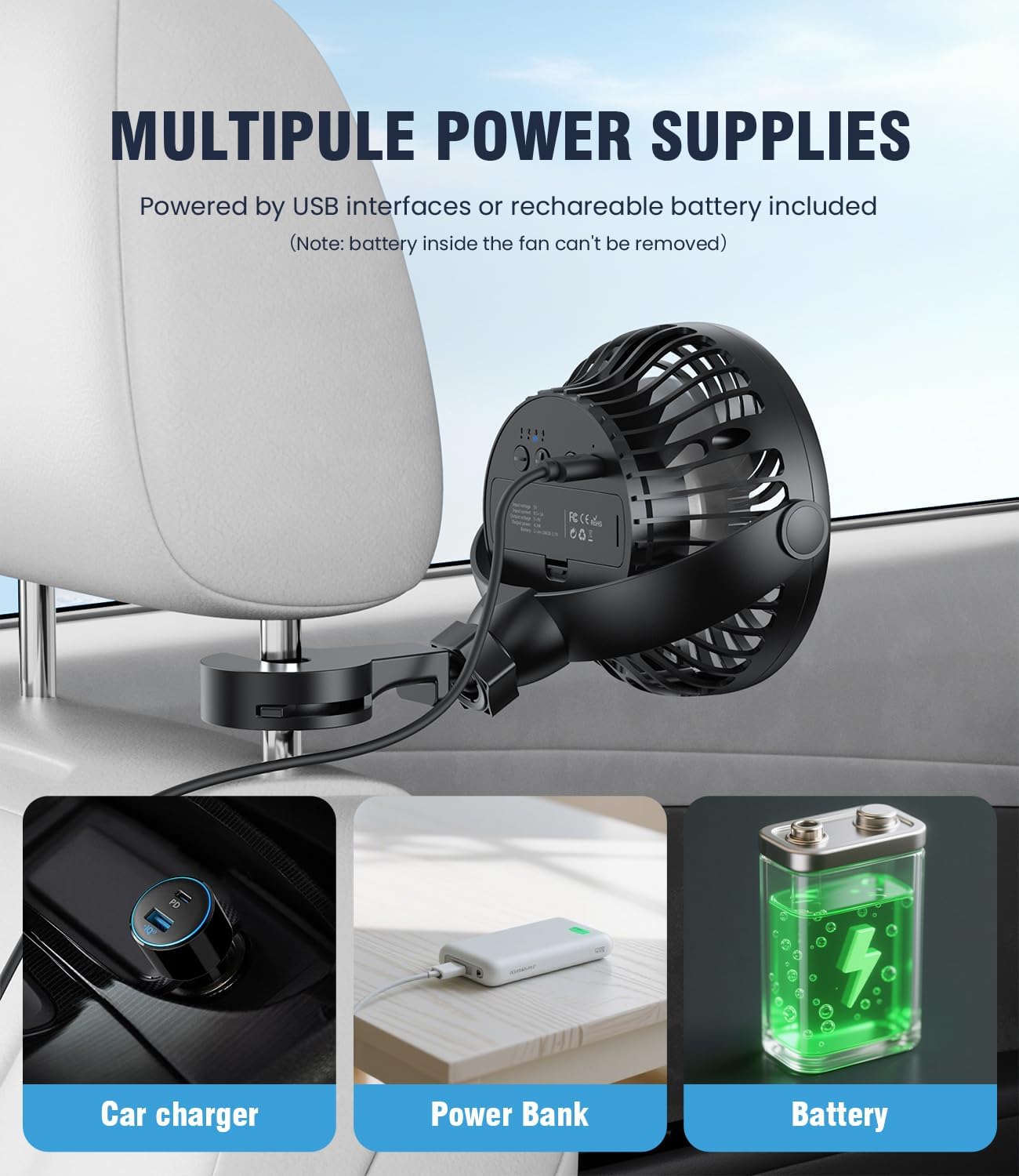 4 Speed,360 Backseat,5V LEMOISTAR Battery Operated USB Car Fan, Electric Cooling Fan, Degree Rotatable Cooling Air