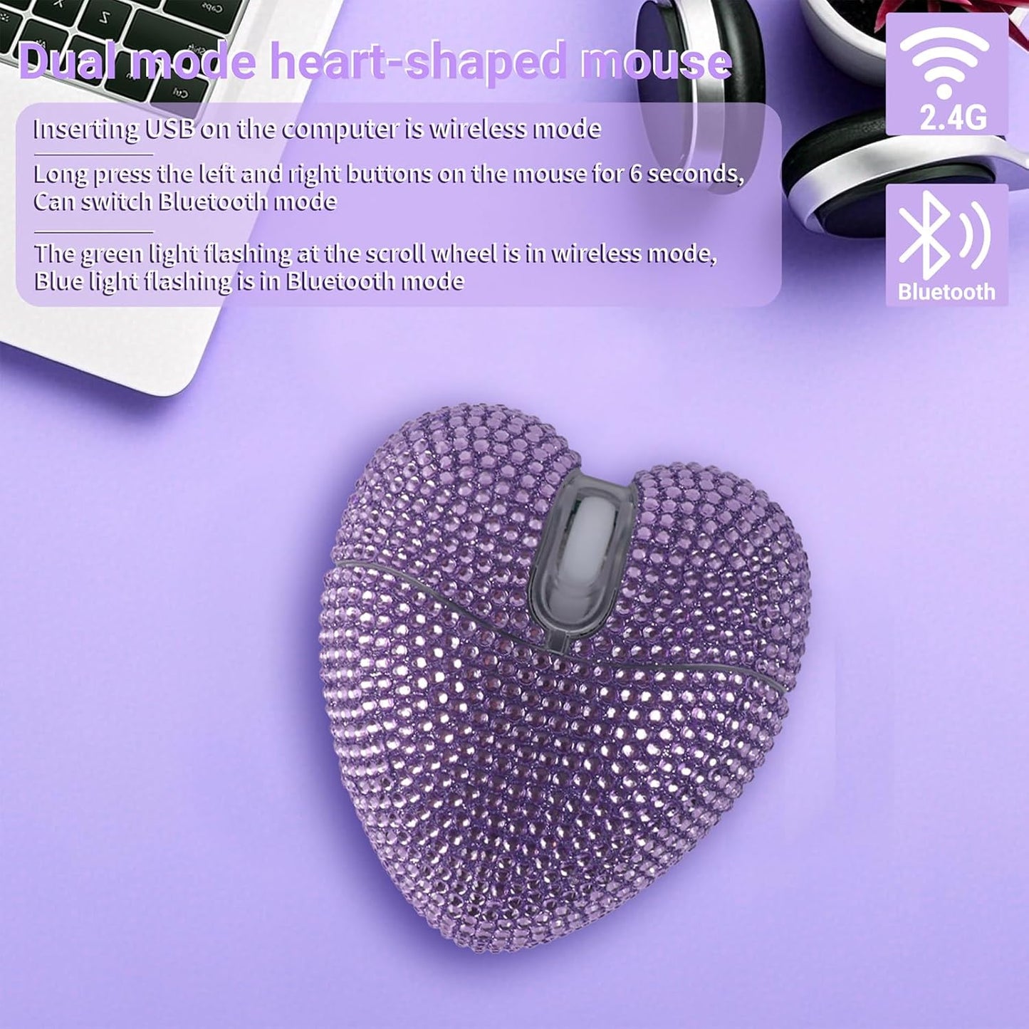 elec Space 10m Wireless Bluetooth Mouse, Silent and Stylish Heart-Shaped Mouse for Laptop, PC - Range (Purple)