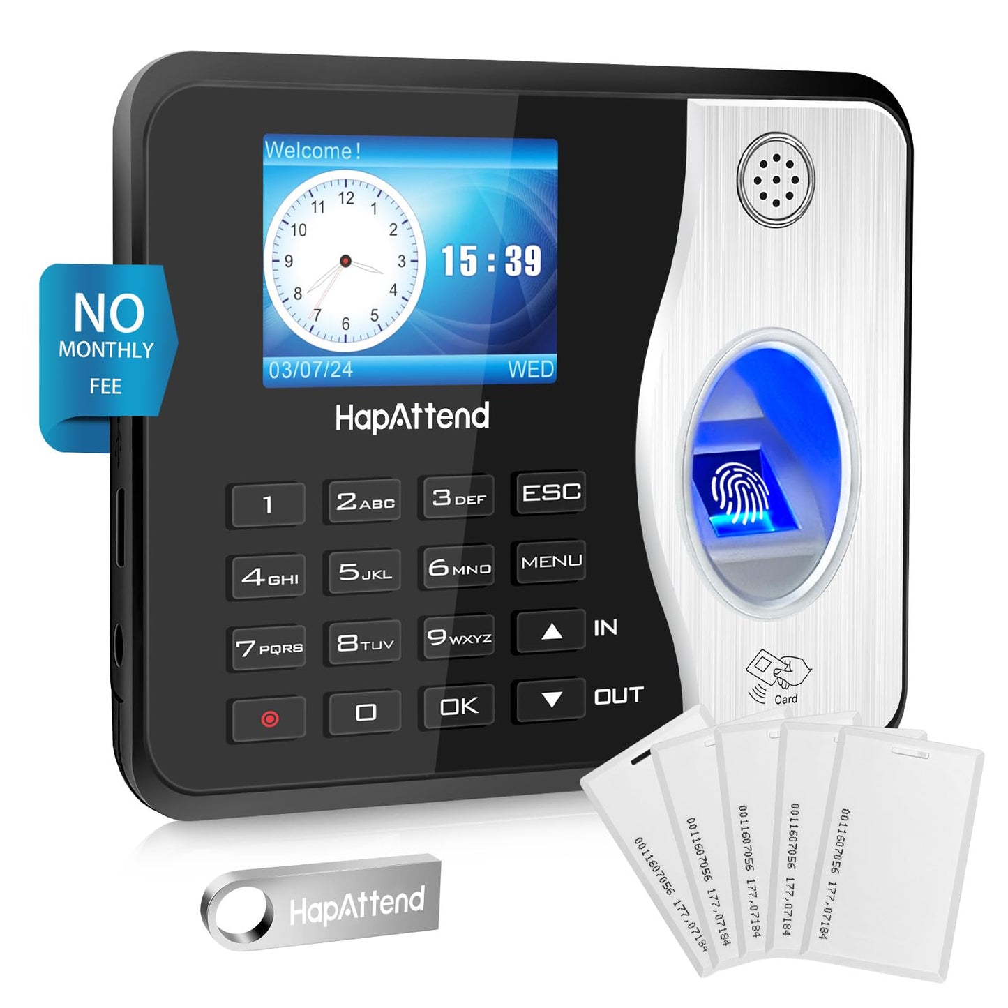 HapAttend Time Clocks Bundle with 15 RFID Cards, 0 Monthly Fees Standalone Biometric Time Attendance Punch Machine with Fingerprint, RFID and PIN - H3