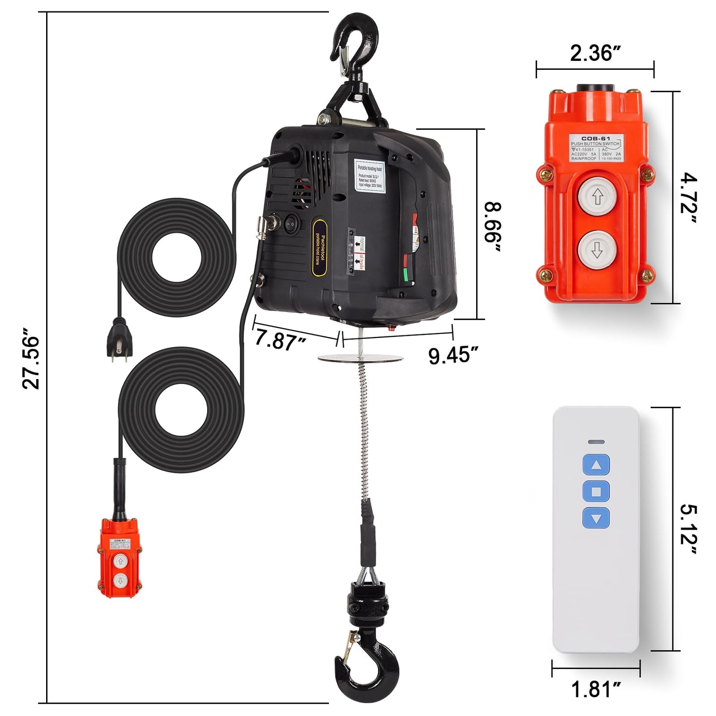 3-in-1 Portable Winch, 660lbs Electric Hoist Winch Portable Electric Power Winch, 39ft Height Crane Winch Hook Pulley Lifting Strap with Wired & Remote Control fo Lifting Towing