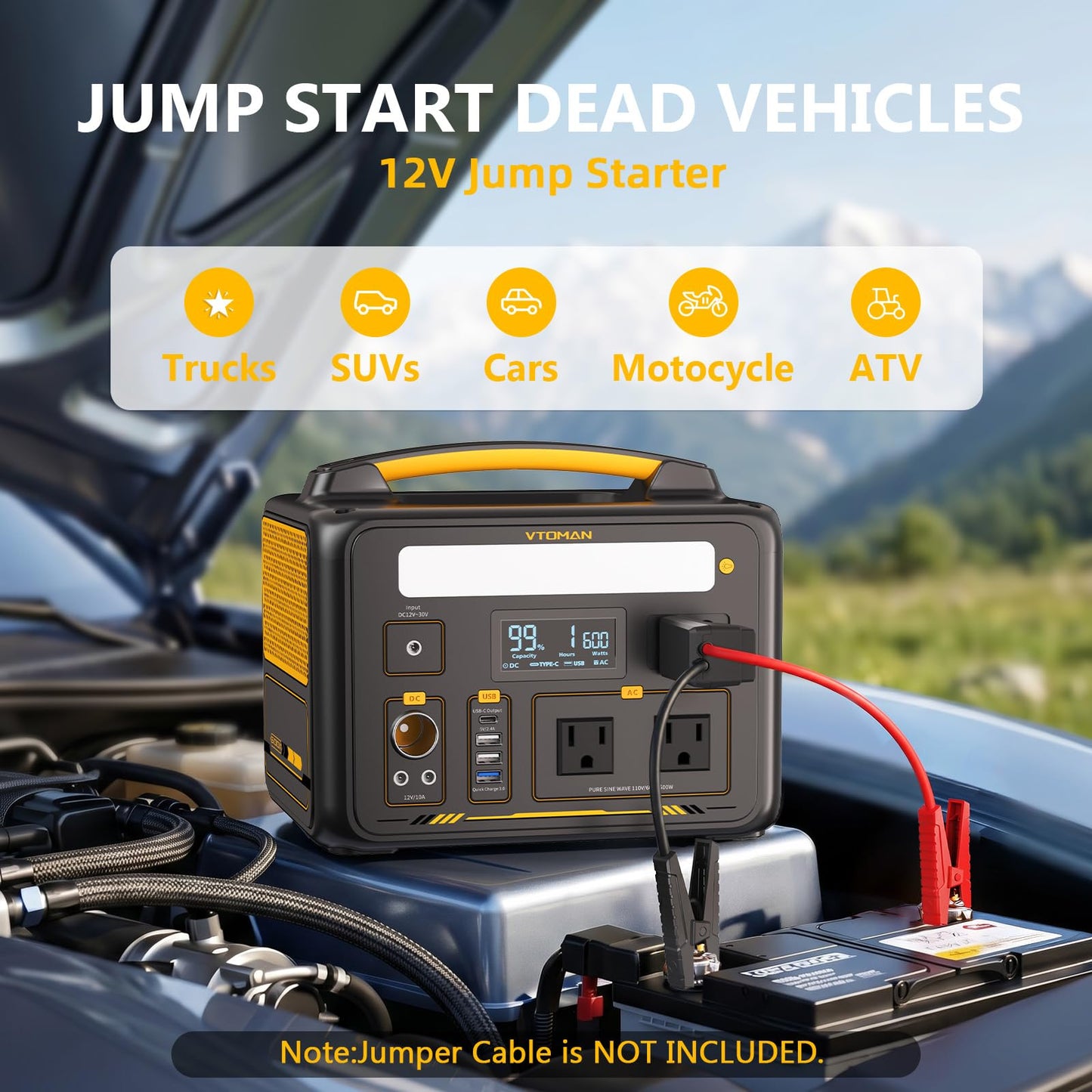 VTOMAN Jump 600X Portable Power Station 600W, 299Wh Solar Generator LiFePO4 Battery Power Station with Jump Start for Car, 1200W AC Outlet, PD 60W USB-C, 3x Regulated 12V/10A DC for Camping, RV Travel