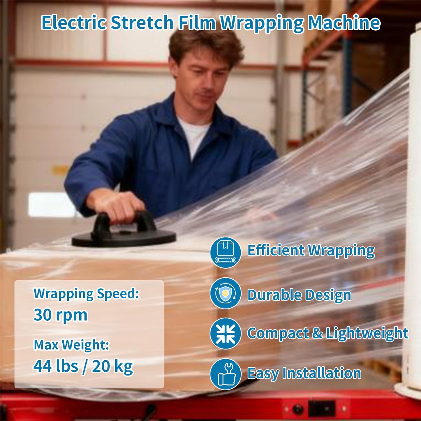 CHENNTAI Electric Stretch Film Wrapping Bench, with 15.75 in Turntable and Foot Pedal Dispenser Wrapping Machine Film Width Within 29.52 in for Product Packaging