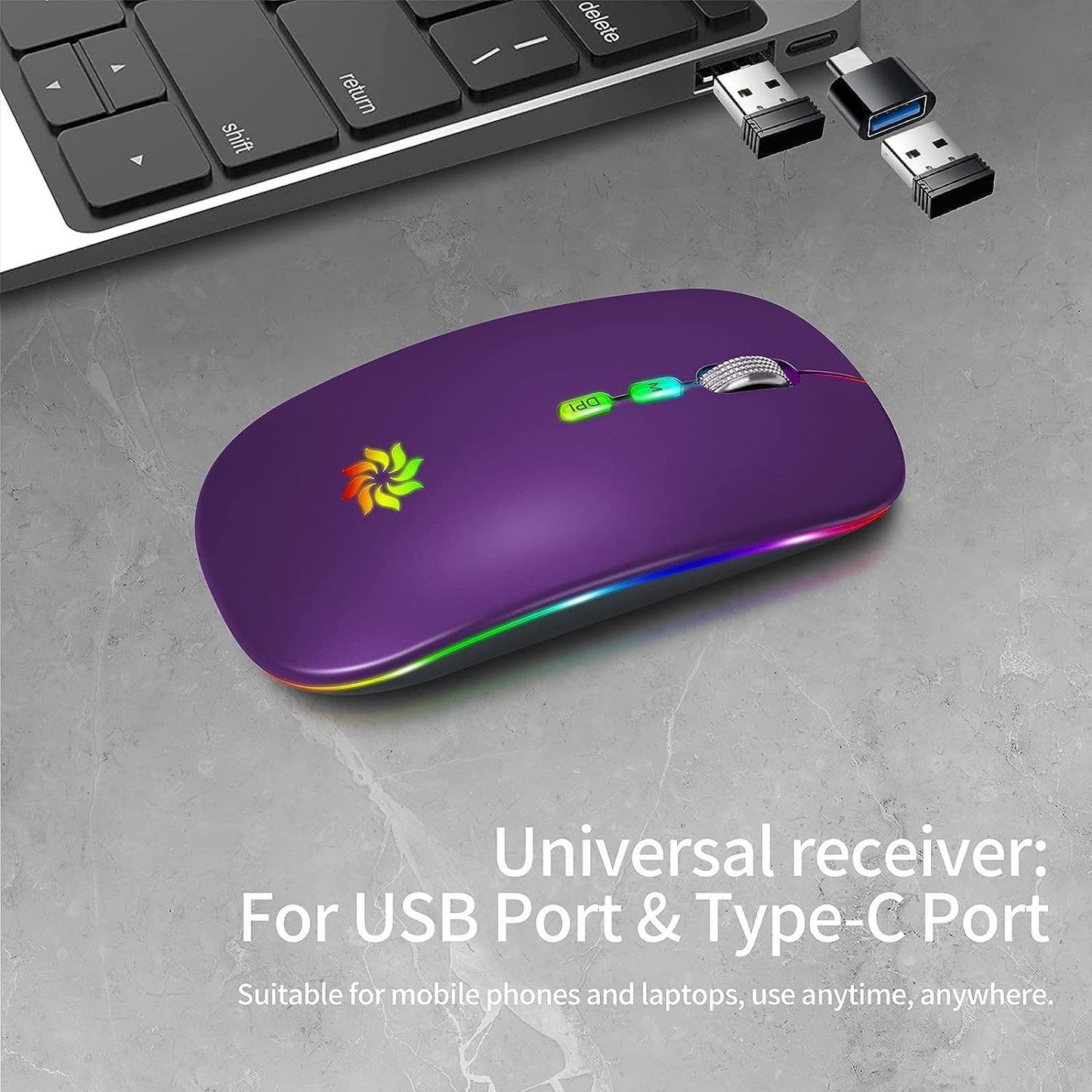 KBCASE 2.4G Wireless Mouse, LED Wireless Mouse for Laptop, Slim Silent Mouse Rechargeable Wireless Computer Mouse