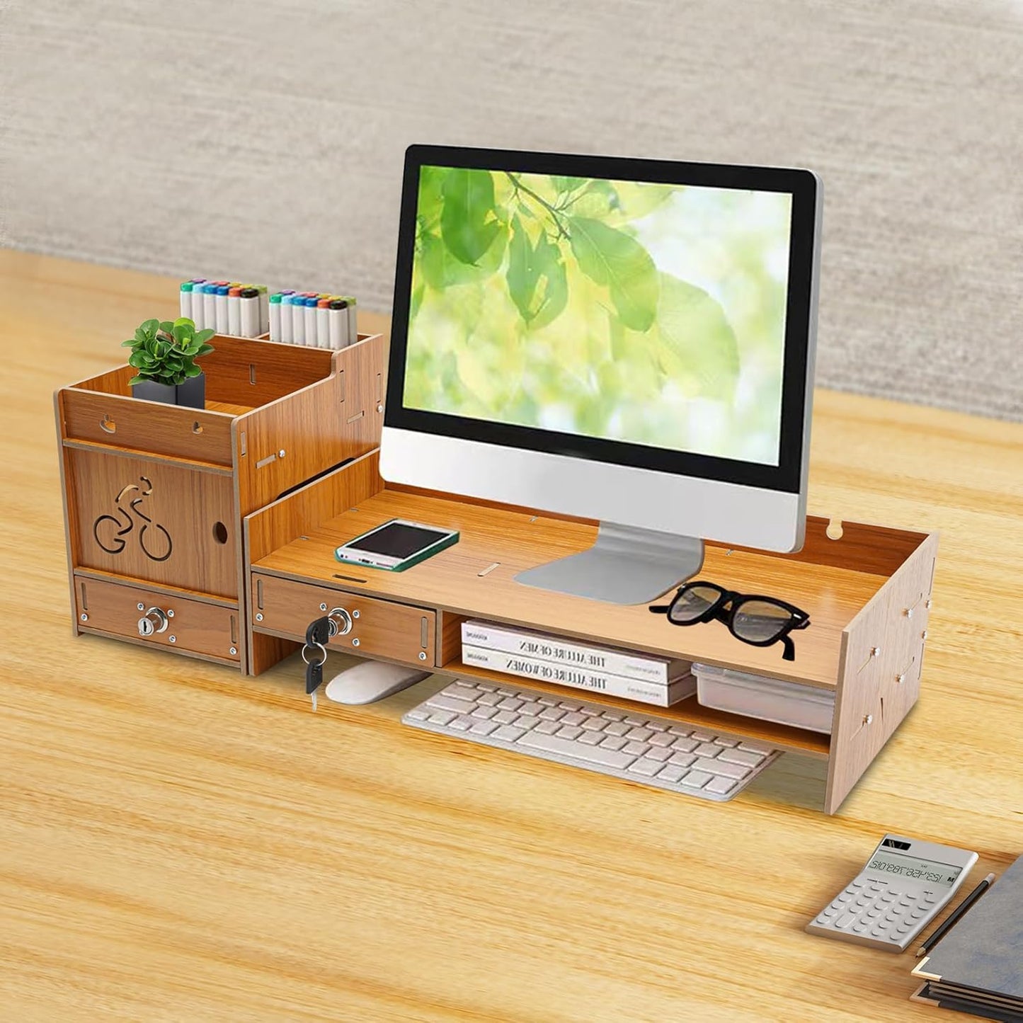 QUSKLISU (07) Computer Monitor Stand, Computer Rack with Drawers, Two top Platforms Desk Organizer Monitor Stand
