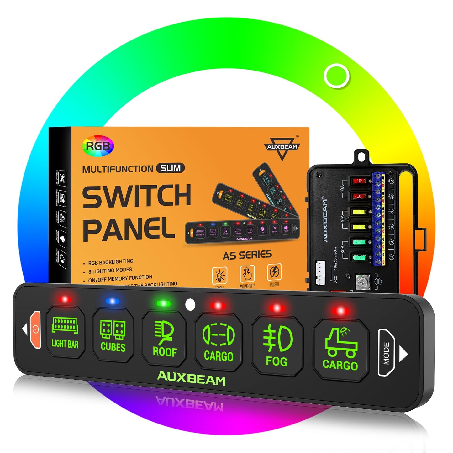 Auxbeam 6 Gang Slim Switch Panel RGB AS-R60 Toggle Momentary Pulsed Dimmable Backlight Multifunction Switch Panel with Memory Function for 12-24V Truck Offroad Car Marine Waterproof, 3 Years Warranty