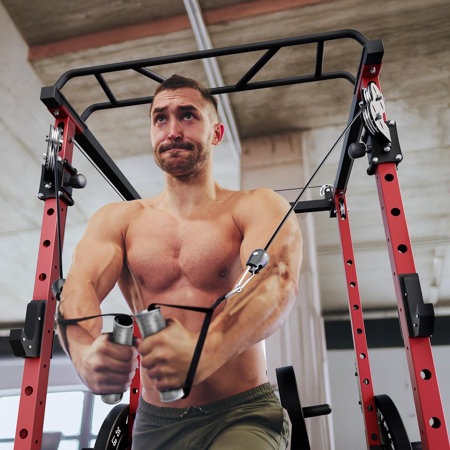 RitFit Squat Rack Power Cage Home Gym Package, Includes 1200LBS Power Rack with Cable Crossover System, Weight Bench, Weight Plate Set with Olympic Barbell (Package 1.7K (Pink Plate 260LBS))