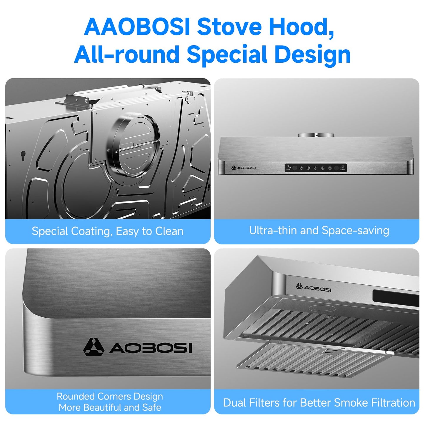 AAOBOSI 30 Inch Under Cabinet Range Hood, 800 CFM Stainless Steel Kitchen Vent Hood with Gesture Sensing, Touch Control, 3-Speed Exhaust Fan, LED Lights, Ducted Range Hood