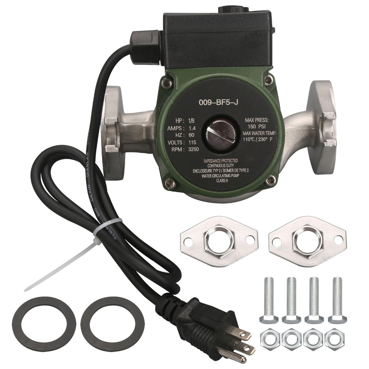 009-BF5-J Stainless Steel Water Circulator Pump 1/8 HP 115V 60Hz for Hydronic Heating Boiler Hot Water Circulation System