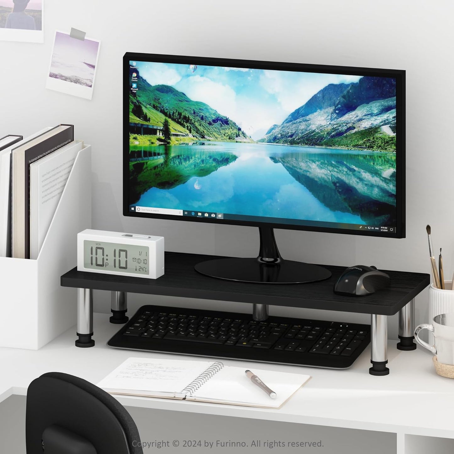 Furinno Monitor Riser Stand - Americano Finish with Stainless Steel Tubes