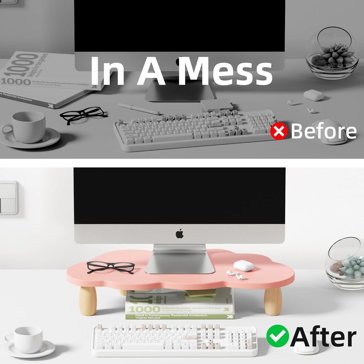 16.5IN AFOOYO Monitor Stand Riser,Cloud Shape Wood Computer Monitor Stand, Monitor Stand Riser, Multi-Purpose Desktop