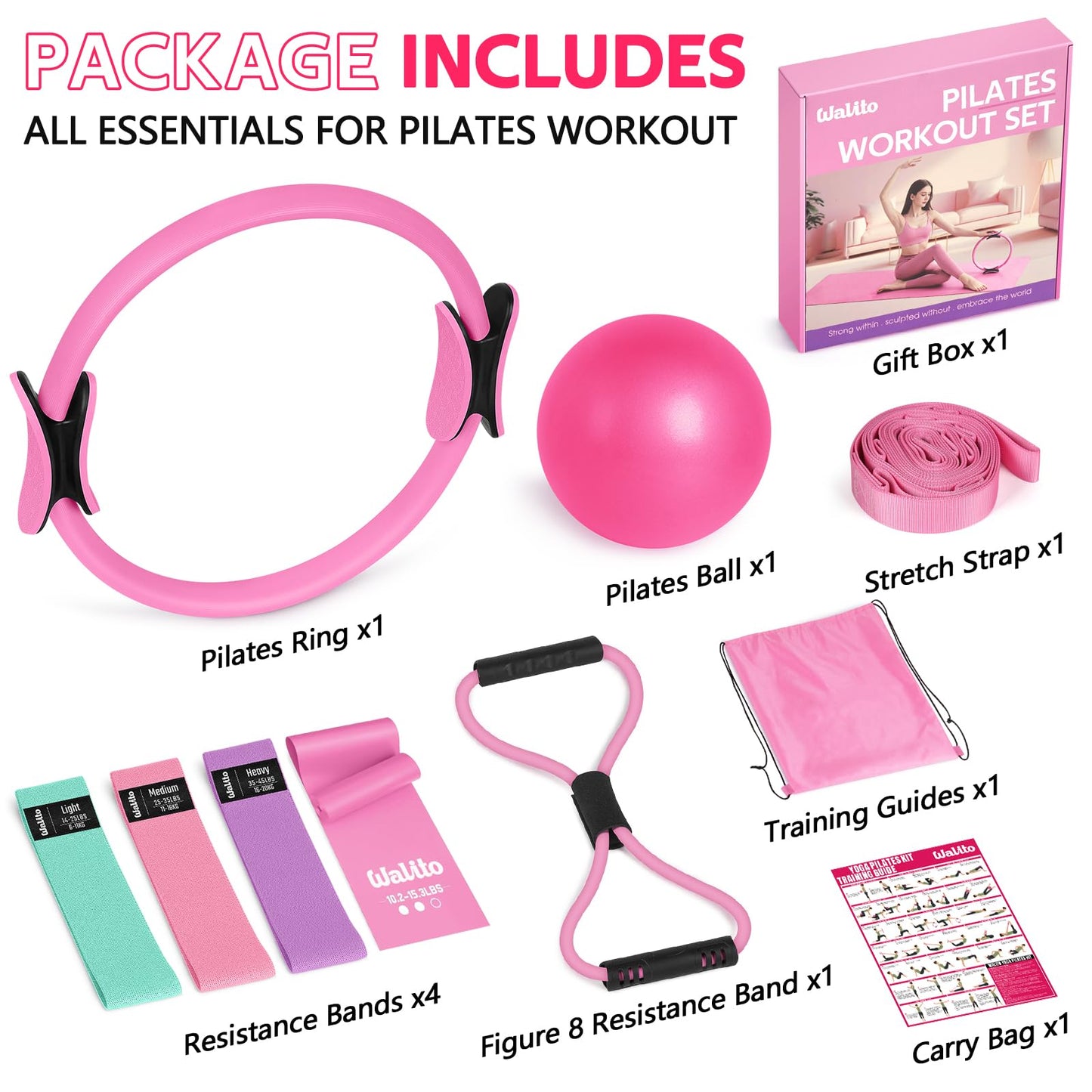 WALITO Home Pilates Kit for Women,Pilates Ring Set with Magic Circle,Resistance Bands,Figure 8 Workout Bands,Mini Ball, Compact Toning Fitness Essentials Starter Set Accessories Gift
