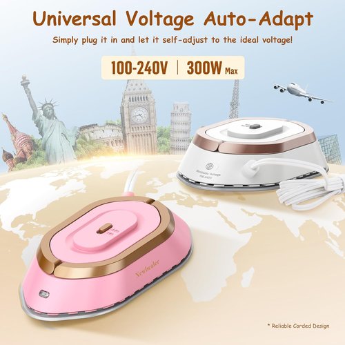 Newbealer Travel Iron - Mini Dry Iron with Global Voltage, 100-240V, 300W, Non-Stick Soleplate (Gold)