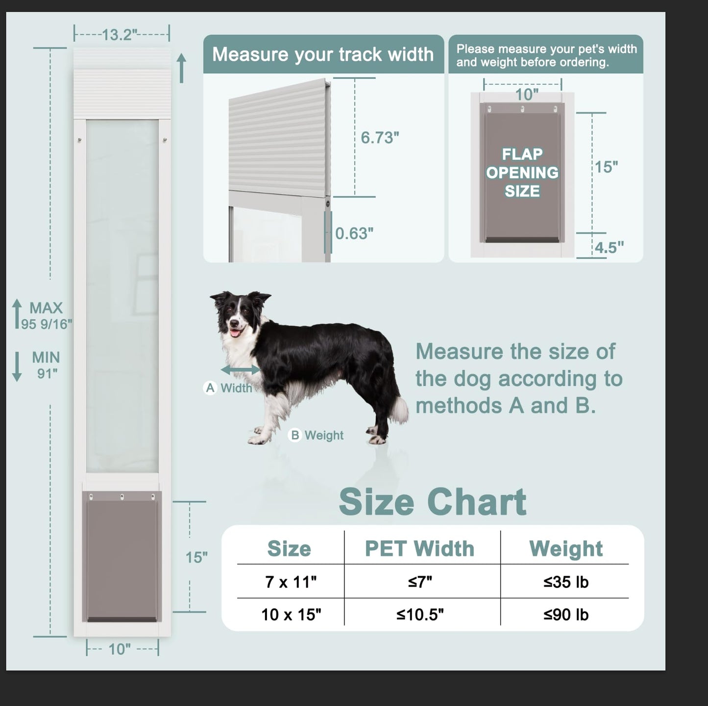 Dog Door for Sliding Glass Doors, Adjustable Height 91"-95 9/16" Aluminum Frame Tempered Sliding Door Dog Doors Insert with Lock,XL Brown10 x 15" Flap Size for Large Dogs