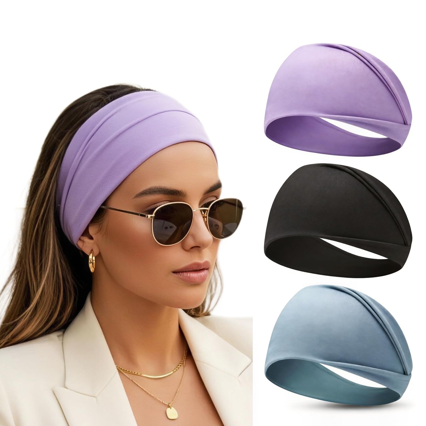 SHUCHNOYE Headbands for Women 3PCS – Soft Elastic Non Slip Wide Hair Bands, Breathable Sweat-Wicking, Stylish for Workout, Makeup, Yoga, Running & Daily Wear (Colorful Three-Pack)