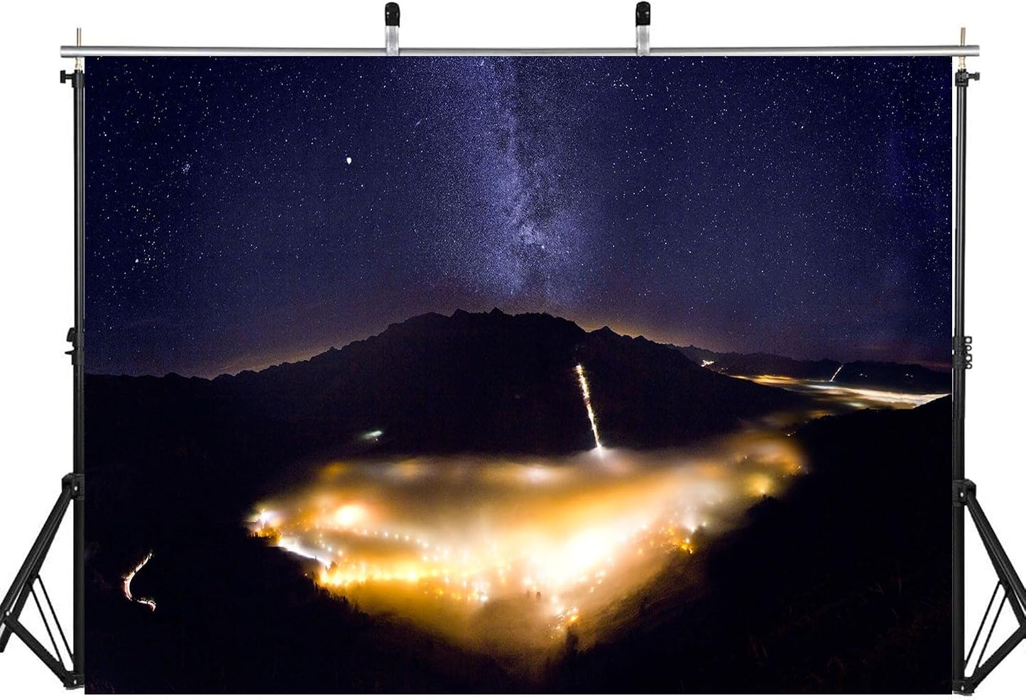 LidyMini 8x8ft Fabric Alpine Valley Starry Night Backdrop Milky Way Foggy Town Lights Photography Background Mountain