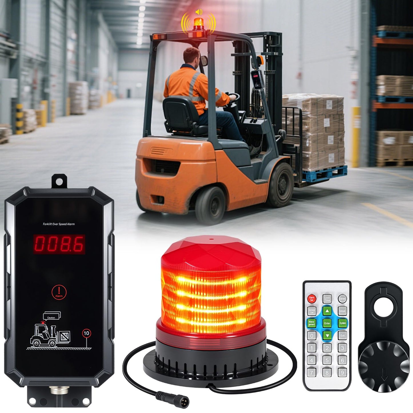 eTzone Forklift Overspeed Alarm System with 3-Level Speed Alert, 115dB Siren Warning Light, Admin-Only Remote, IP65 Waterproof for Warehouse Industrial Safety, DC 12-48V