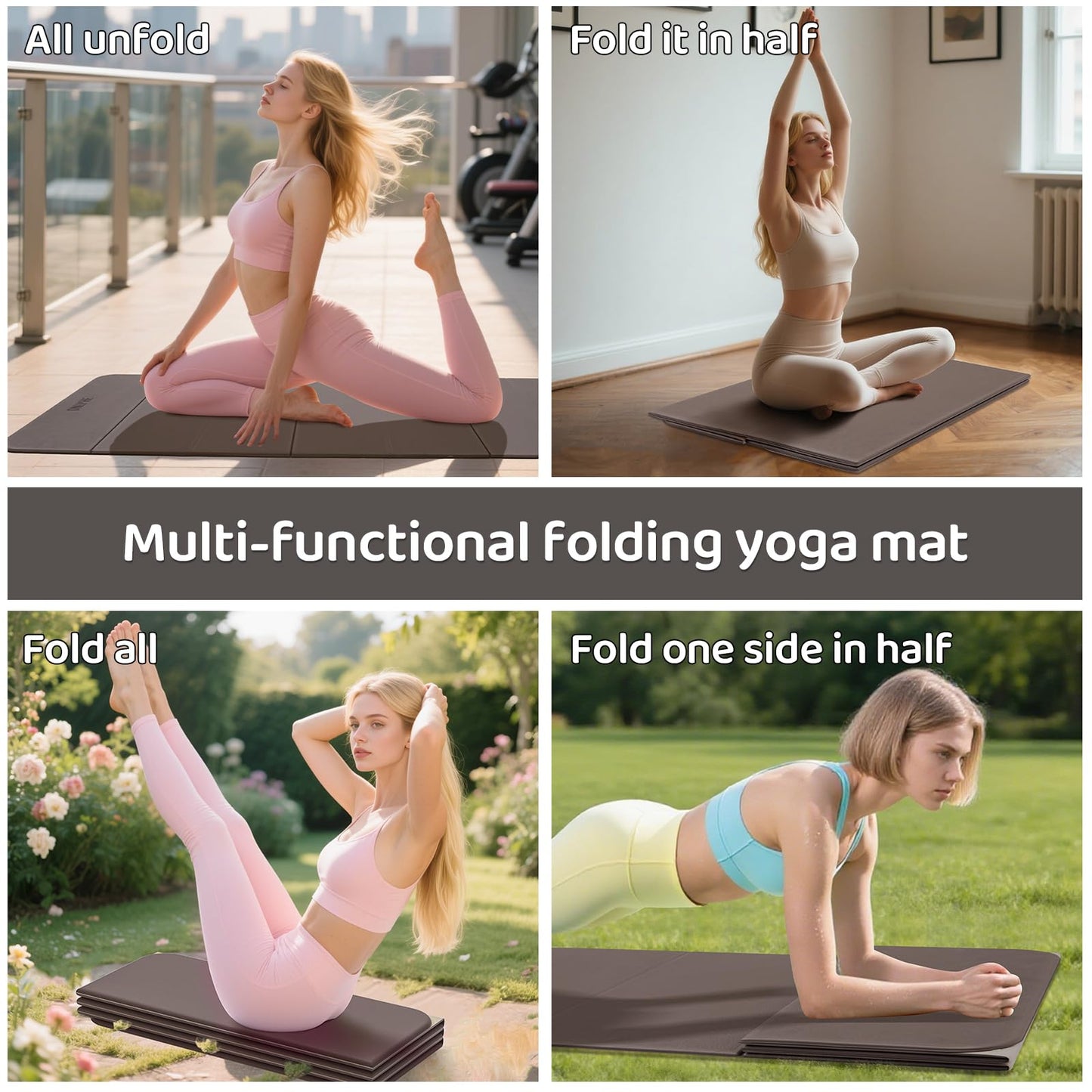 ONLYHE Foldable Yoga Mat Exercise Mat for Home Workout, Comfortable and Durable, 8mm Thick Portable Folding Mat, Non-Slip, Pilates Mat Thick, Outdoor Use, Meditation, Travel, Camping (71"x24" x 0.3") (Light brown + Beige)